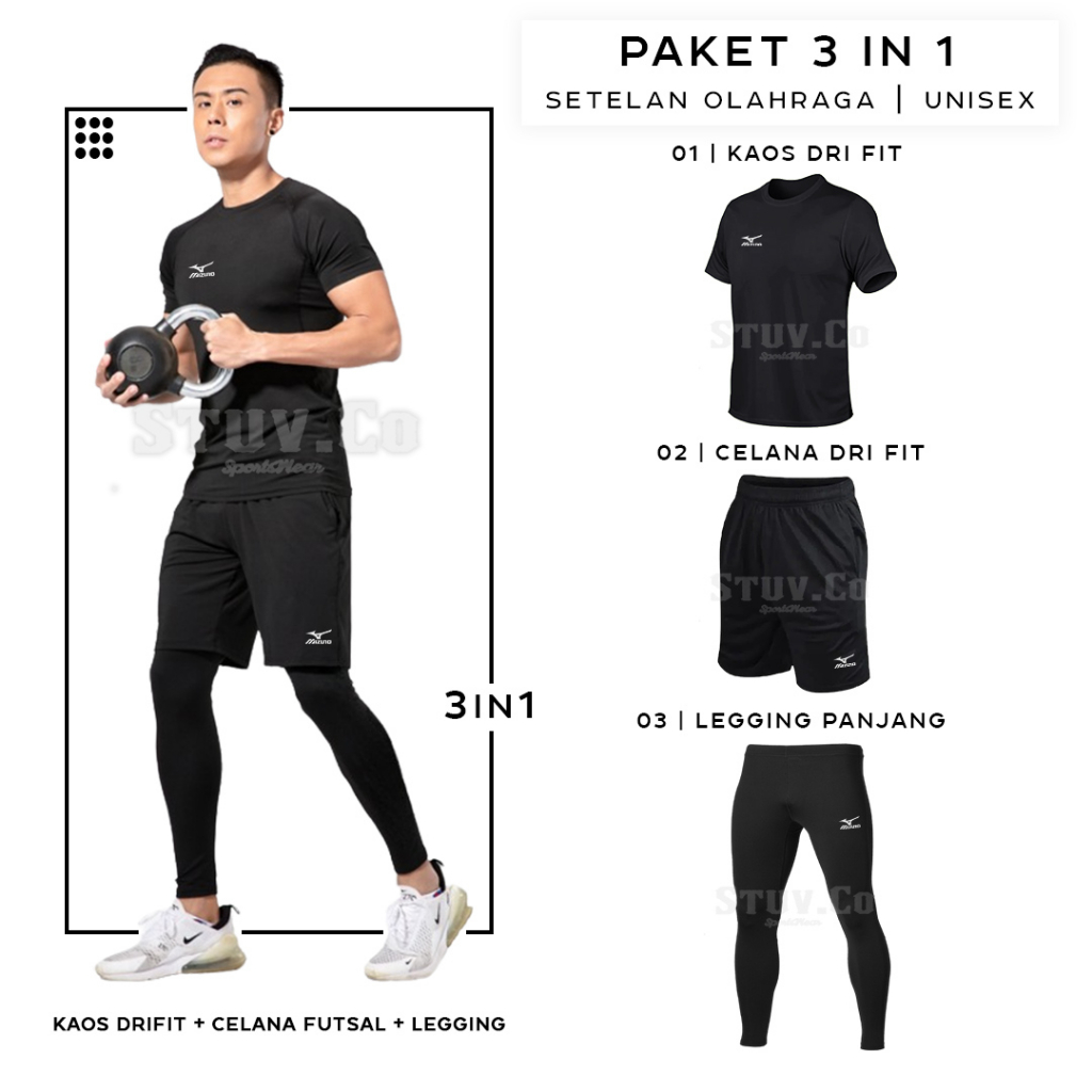 PAKET 3IN1 KAOS DRIFIT LEGGING PANJANG DAN CELANA PENDEK OLAHRAGA FUTSAL SEPAKBOLA BASKET BADMINTON UNISEX