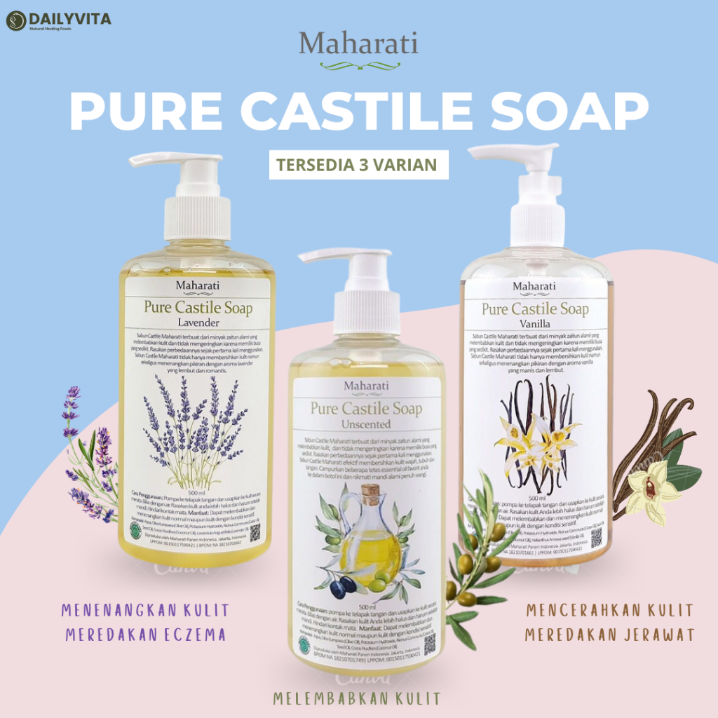 Maharati Pure Castile soap lavender/vanila/unscented/Serai Anak/Serai Dewasa/Serai pintu dan jendela/Serai pel 250 ml dan 500 ml