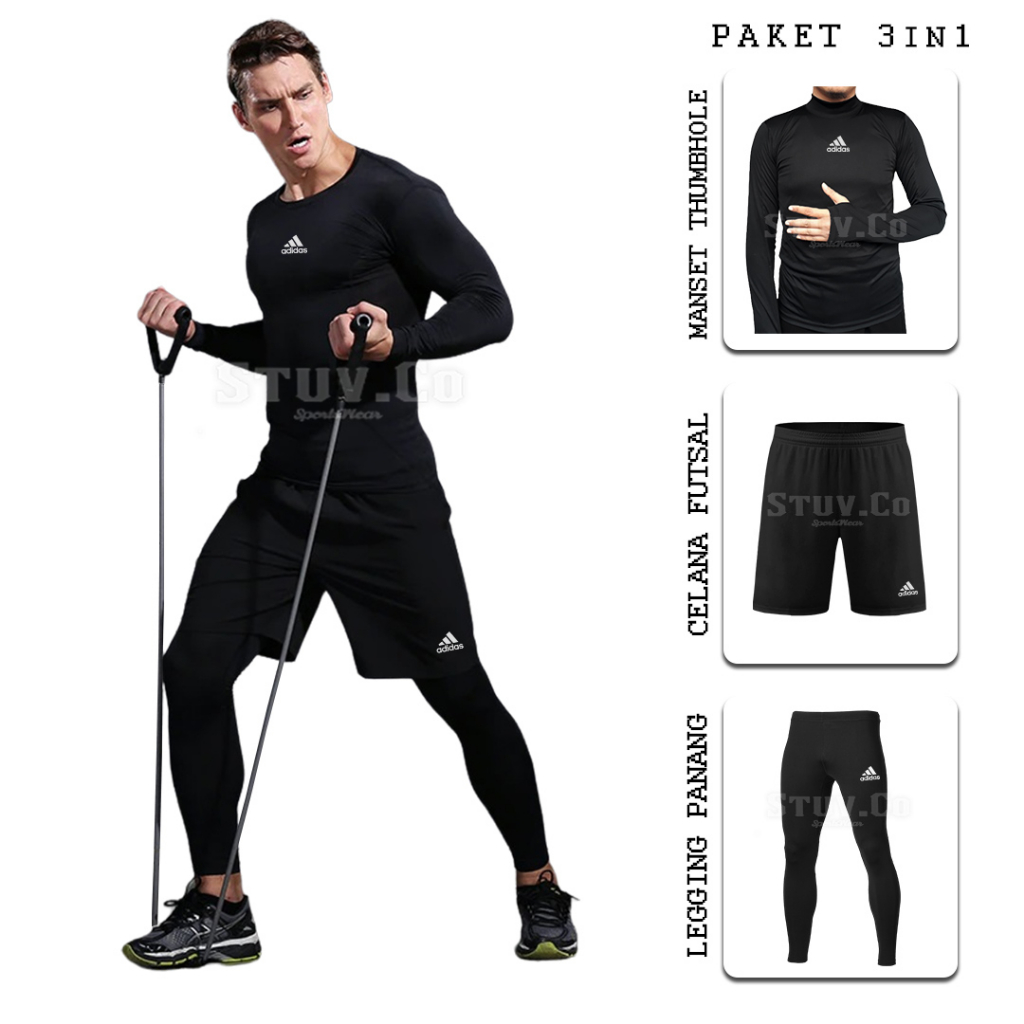 3IN1 STELAN OLAHRAGA MANSET BASELAYER THUMBHOLE  LEGGING PANJANG DAN CELANA FUTSAL PRIA WANITA