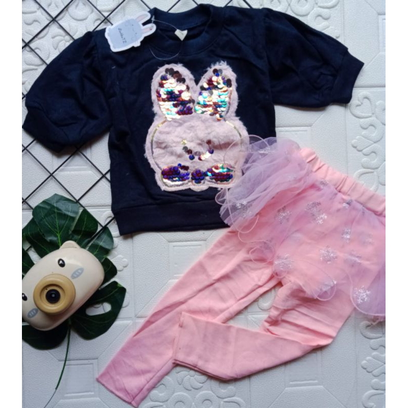 SETELAN ROK LEGGING ANAK PEREMPUAN IMPORT 1-5 TAHUN LENGAN PANJANG 7/8 / SETELAN ANAK CEWEK IMPORT ROK CELANA LEGGING TUTU + SWEATER ANGSA  BEAR KELINCI DANCE PITA MUTIARA