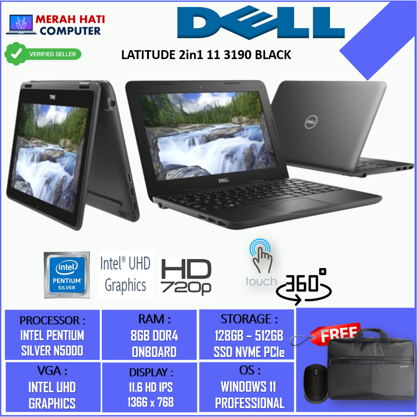 LAPTOP TOUCHSCREEN 2IN1 TERMURAH DELL LATITUDE 11 3190 2IN1 INTEL PENTIUM SILVER N5000 8GB 128GB HD TOUCHSCREEN WINDOWS 10 PRO BLACK