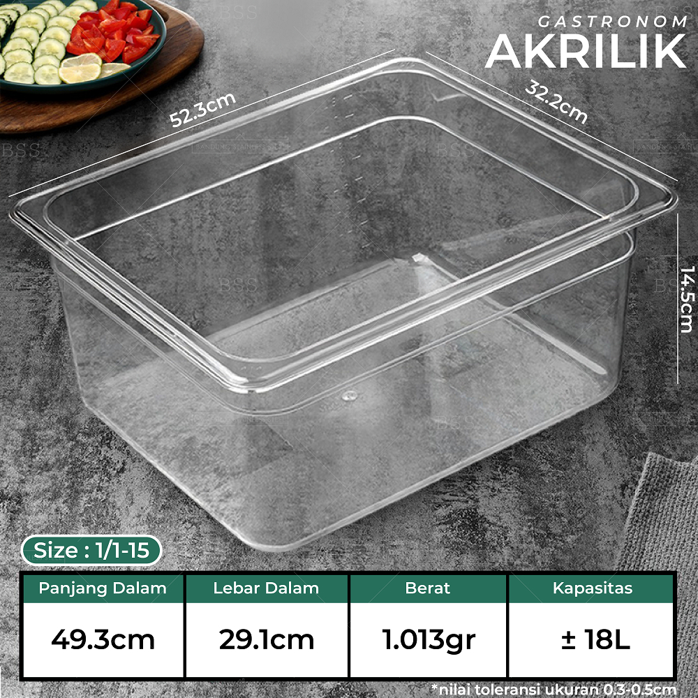 Gastronom Akrilik Food Pan 1/1/15 Kedalaman 15cm Wadah Penyimpanan Sayur Buah Daging Makanan Tempat Saji Prasmanan Multifungsi