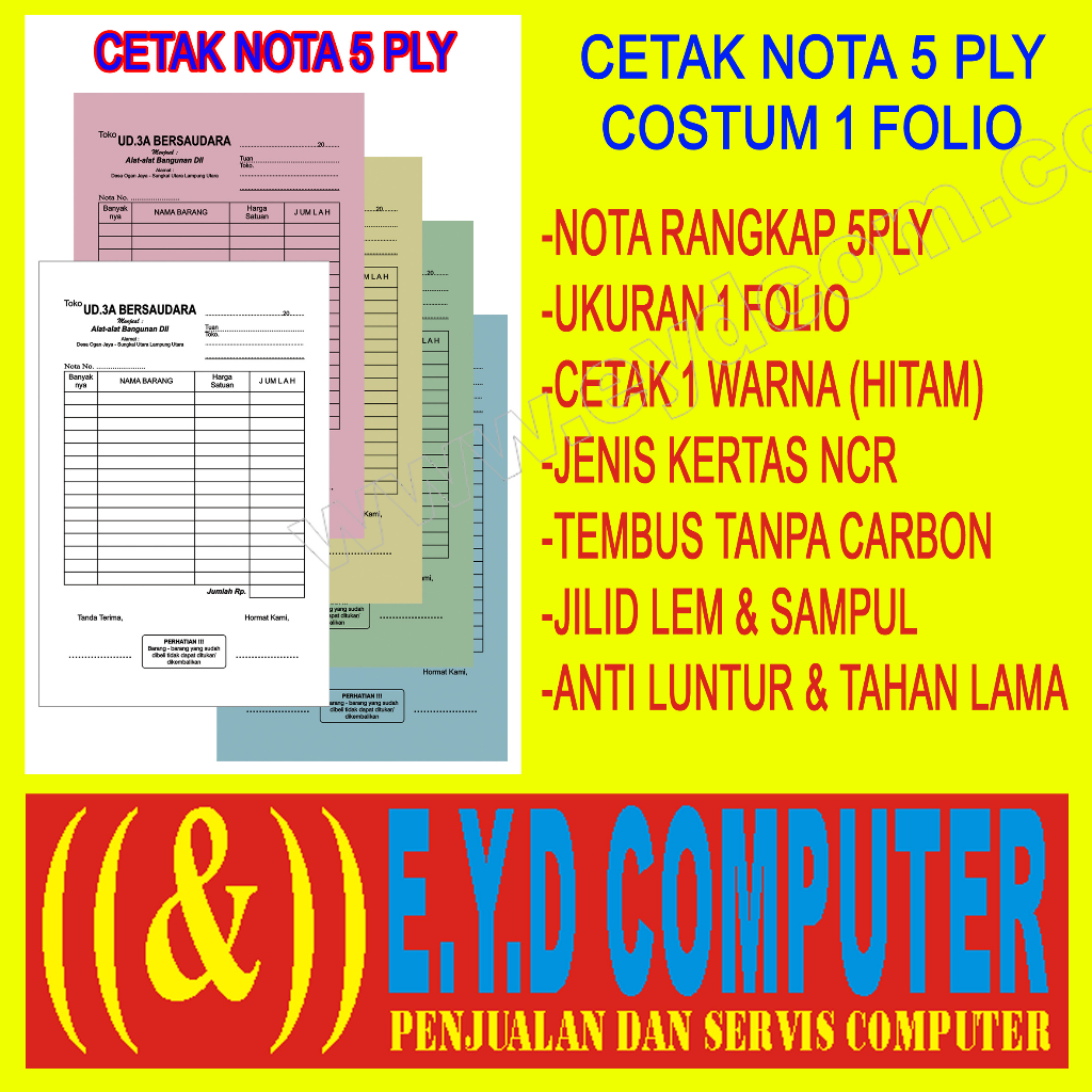 

CETAK NOTA 5 PLY 1 FOLIO KERTAS NCR COSTUM ISI RANGKAP CEK BON KWITANSI SURAT JALAN