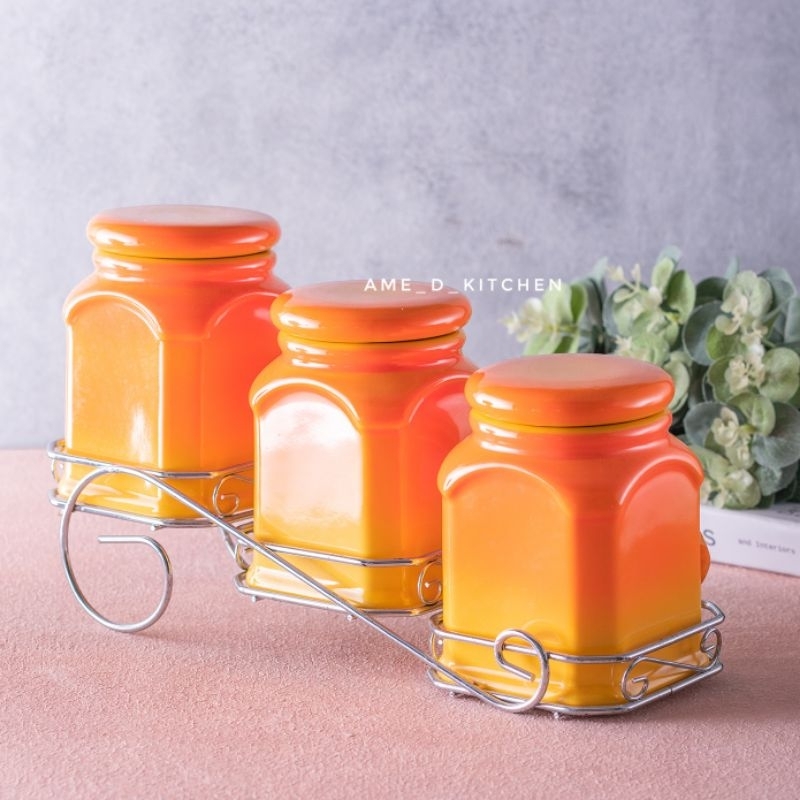 SALE Toples set isi 3 keramik weston segi orange + rak