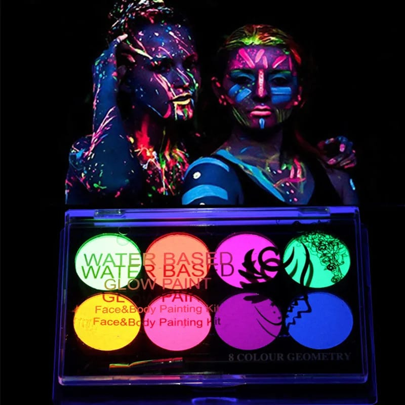 UV GLOW IN THE DDARK PALET CAT WAJAH TUBUH 8  WARNA SENI RIAS WAJAH BERSINAR UV DALAM GELAP PESTA PARTY HALLOWEEN PAINT GLOW