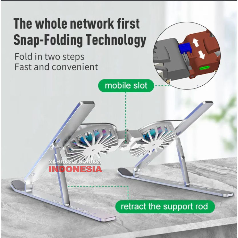 Dudukan Laptop Stand Laptop Alas Aluminium Cooling Pad With FAN RGB