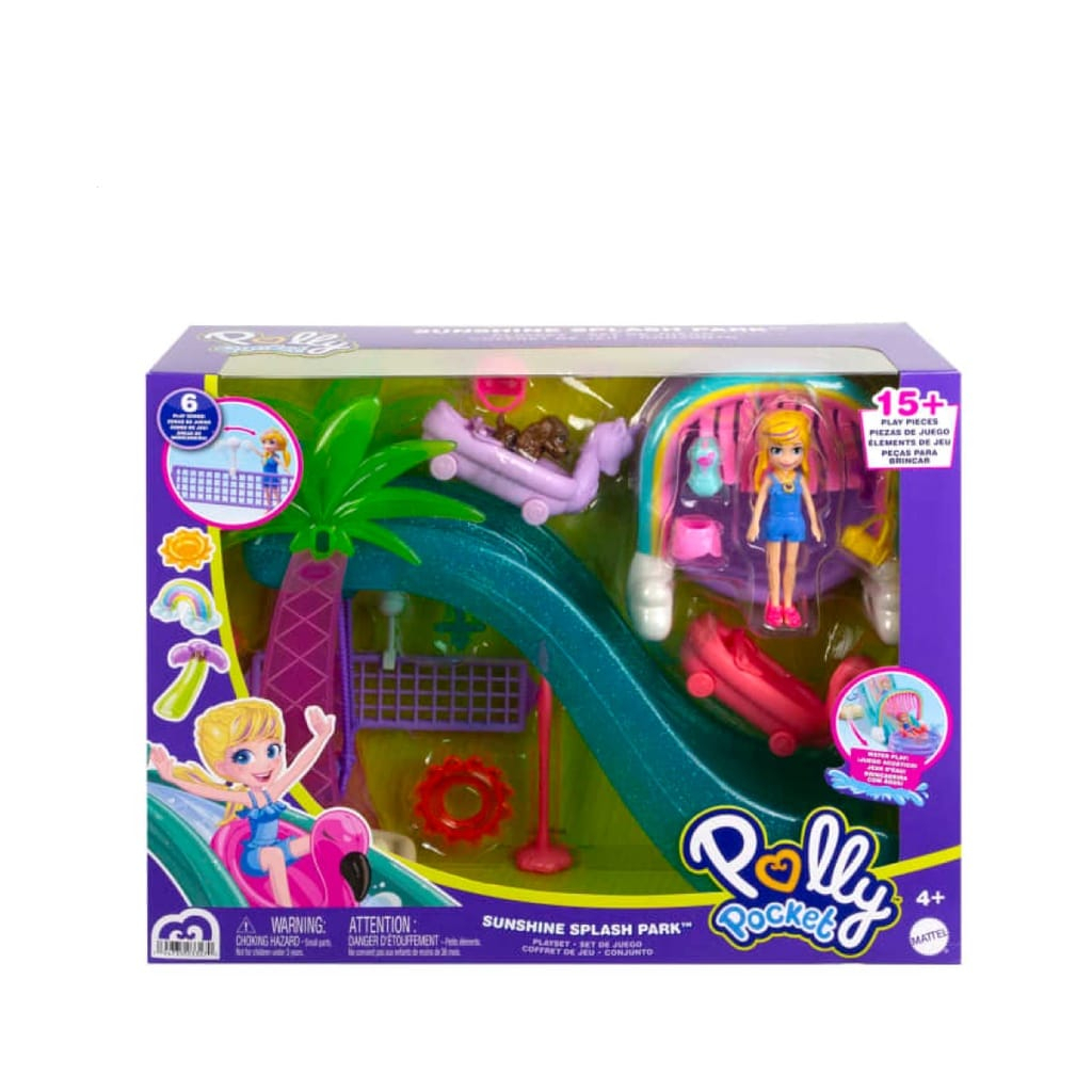 FISHER PRICE (HDW63) POLLY POCKET SLIDE AND SPLASH RIDE PARK / SUNSHINE SPLASH PARK / mainan perosotan miniatur / barbie / boneka