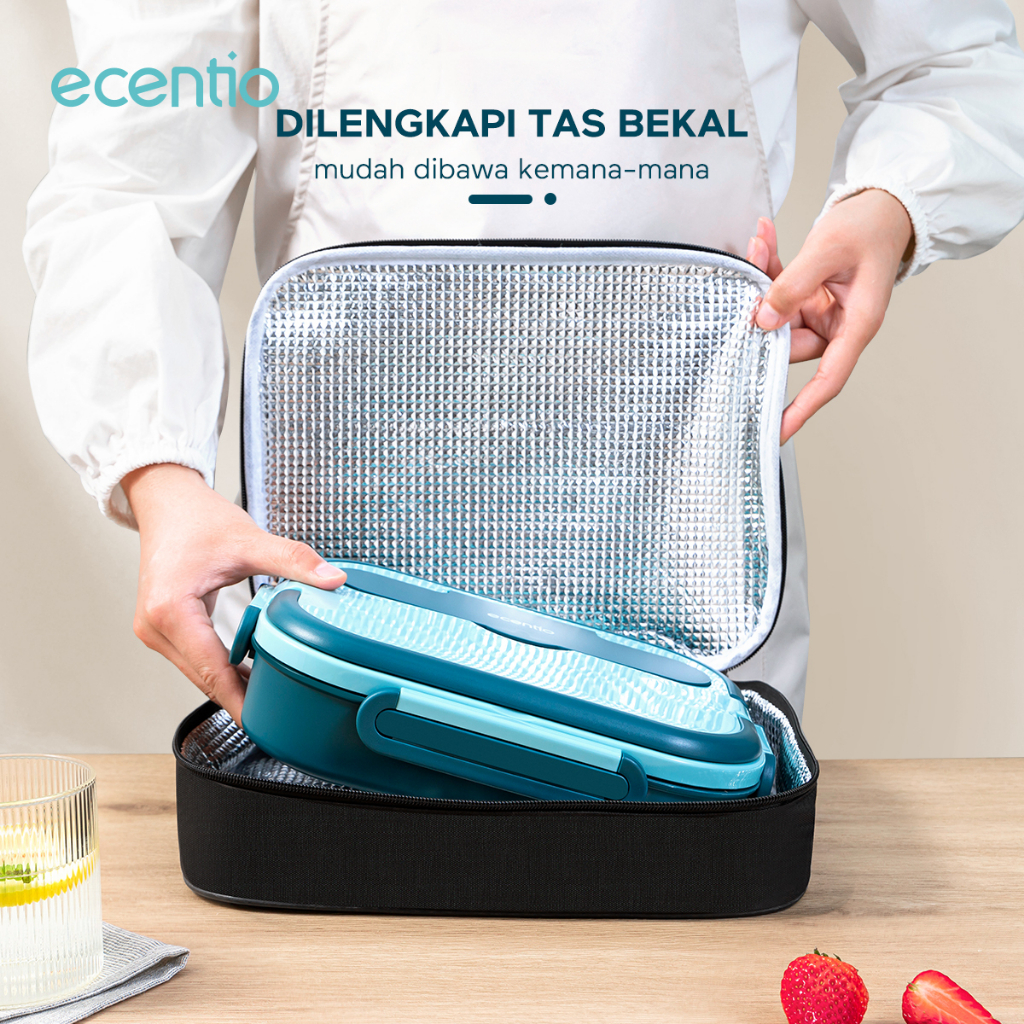 ecentio &amp; FOODI  lunch box stainless 5 sekat 304 anti tumpah 1000ml food grade microwavable dan 200ml mangkok sup/free sedotan