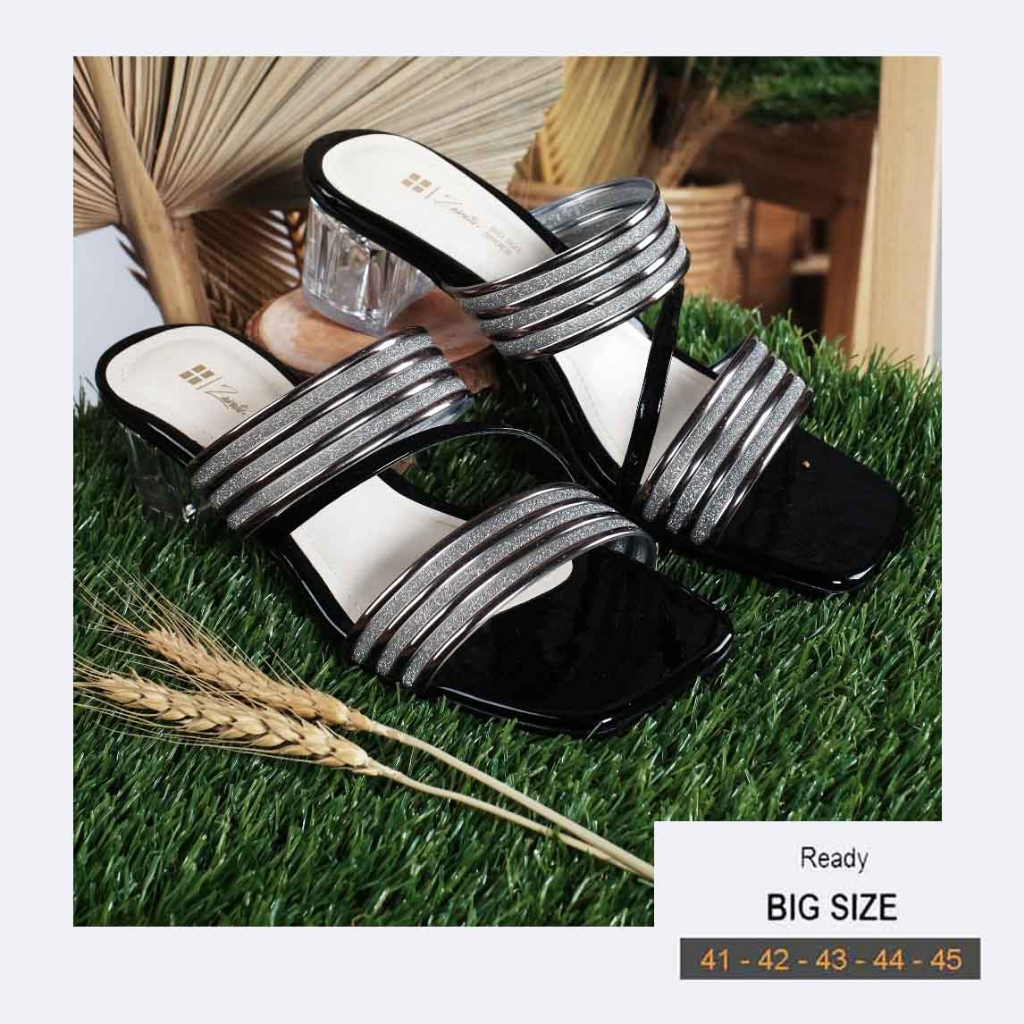 BIG SIZE Sandal Hak Diamond Glass Ibu ibu Tali jepit Sendal Wanita ukuran jumbo 41-45 Heels Hak Kaca