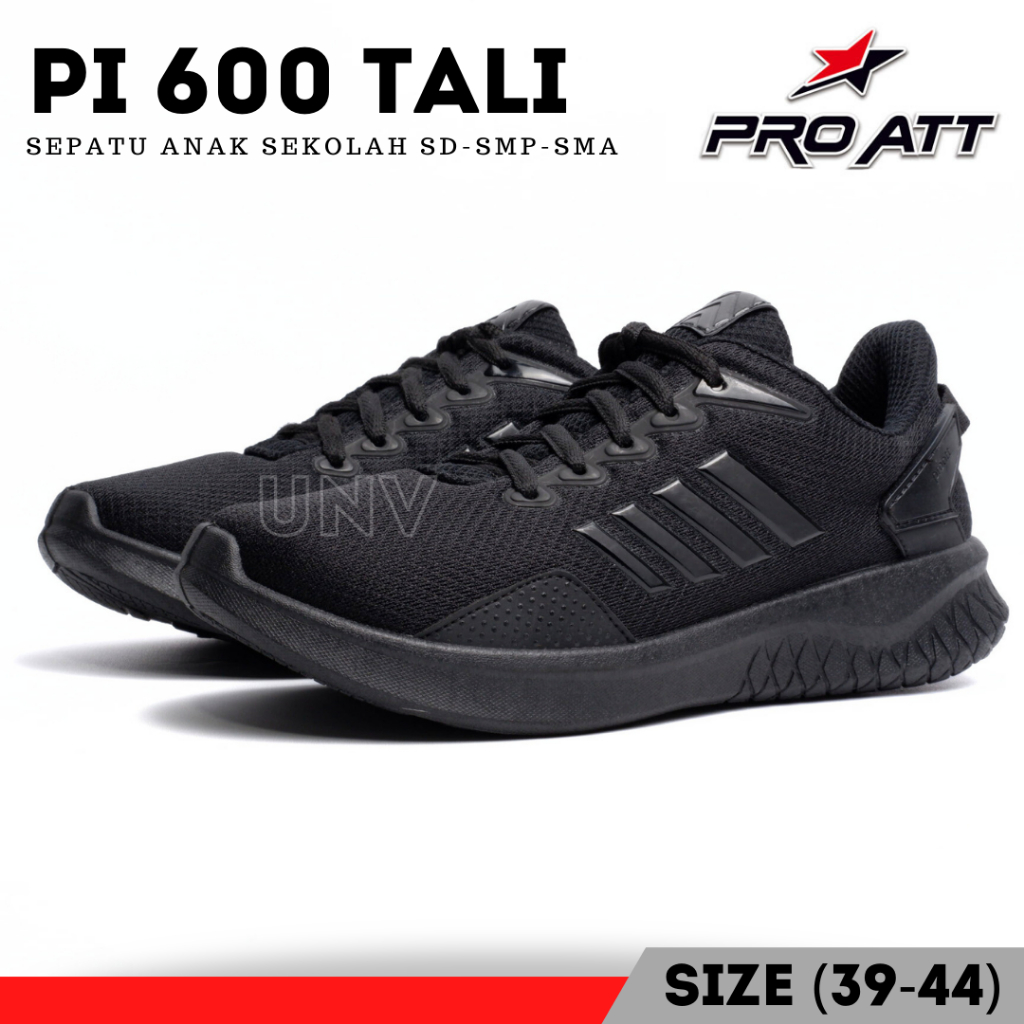 Sepatu Sekolah Anak Laki Perempuan SD SMP SMA DEWASA PRO ATT Olahraga Running Lari Sneakers Series Tali Hitam Full Polos Size 39-44