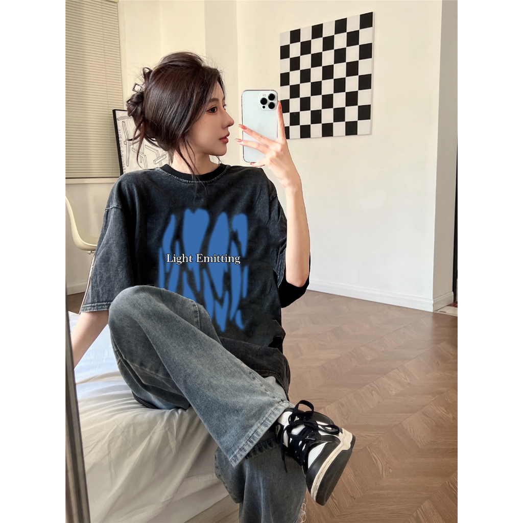 EUNII T-shirt Lengan Pendek Black Washed Blue Heart Design Printing Korean Style/Kaos Atasan Wanita/Baju Wanita