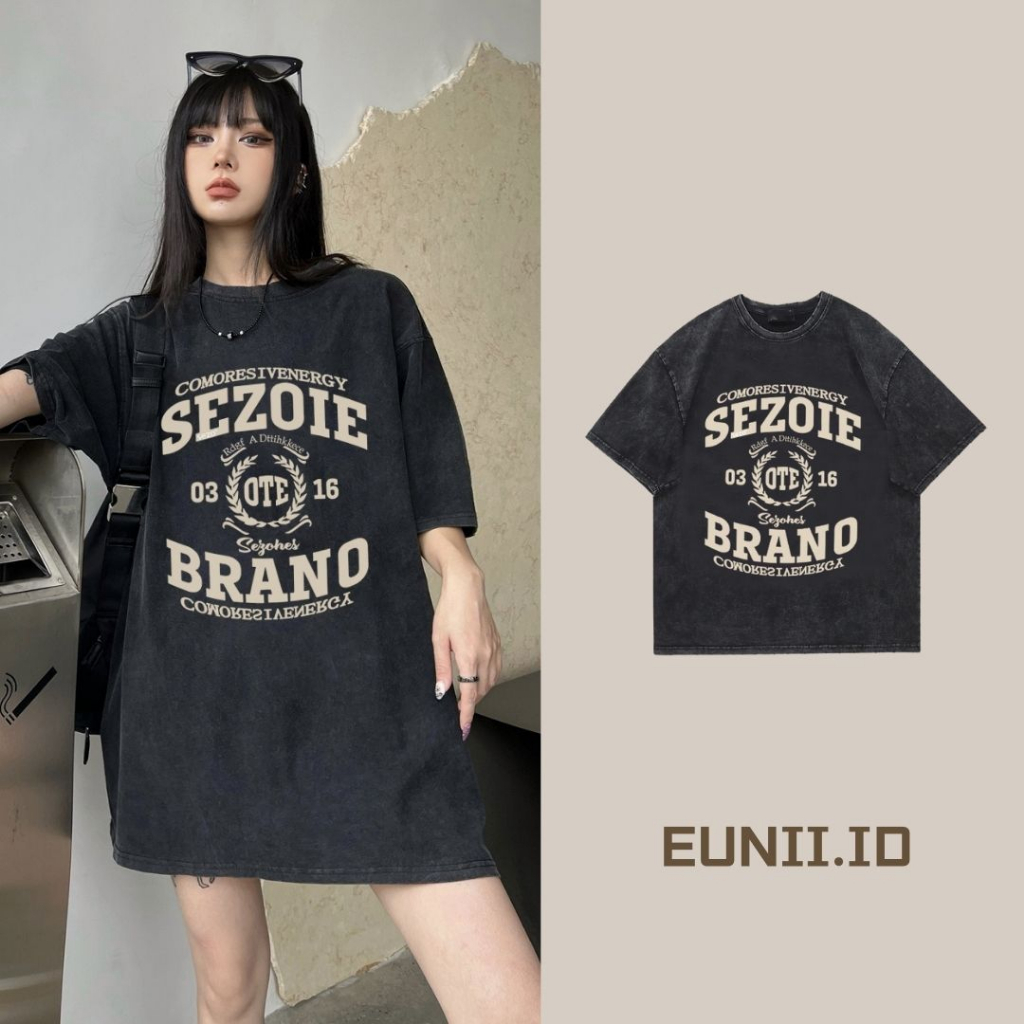 EUNII T-shirt Lengan Pendek Black Washed Vintage English Printing Korean Style/Kaos Atasan Wanita/Baju Wanita