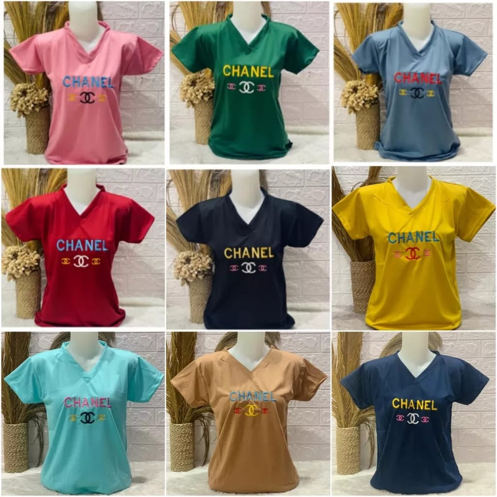 Kaos Bordir Wanita V Neck Branded Baby Terry Murah