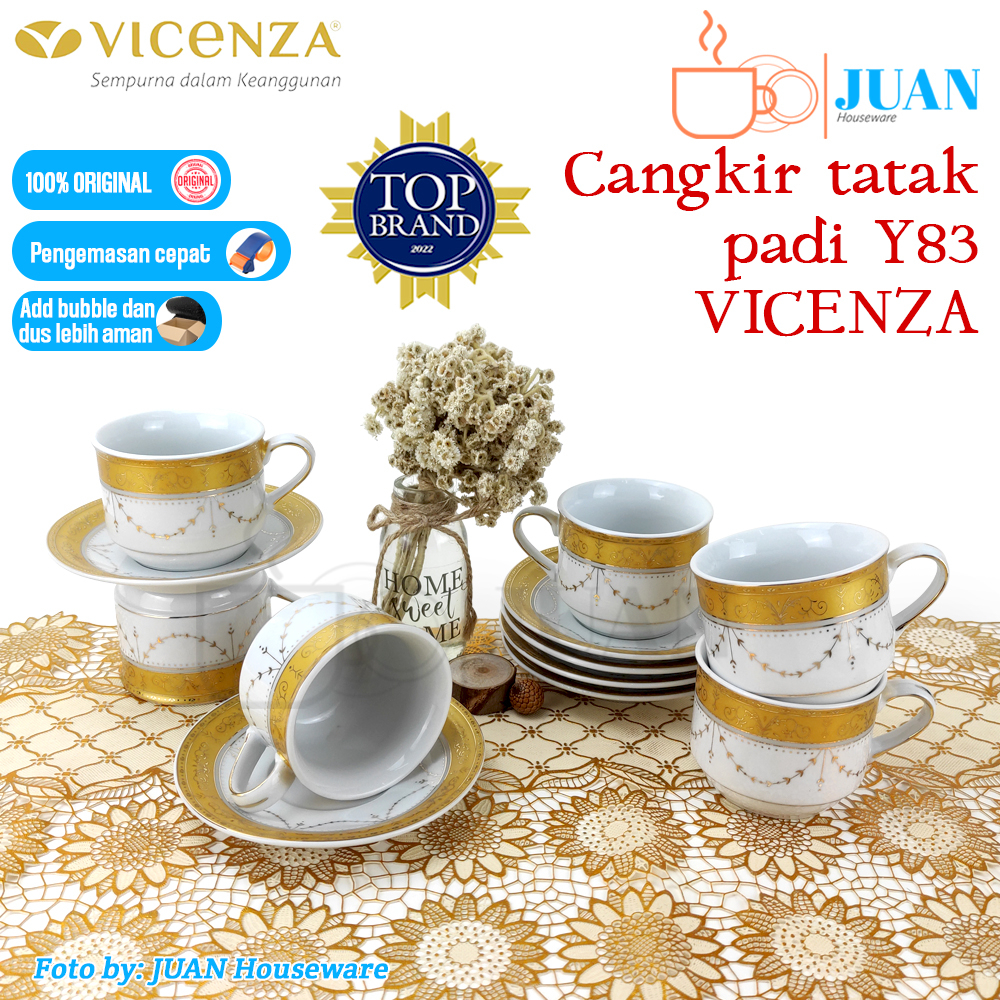 VICENZA Cangkir + tatak porcelain motif padi / Tea and coffee set keramik Y83