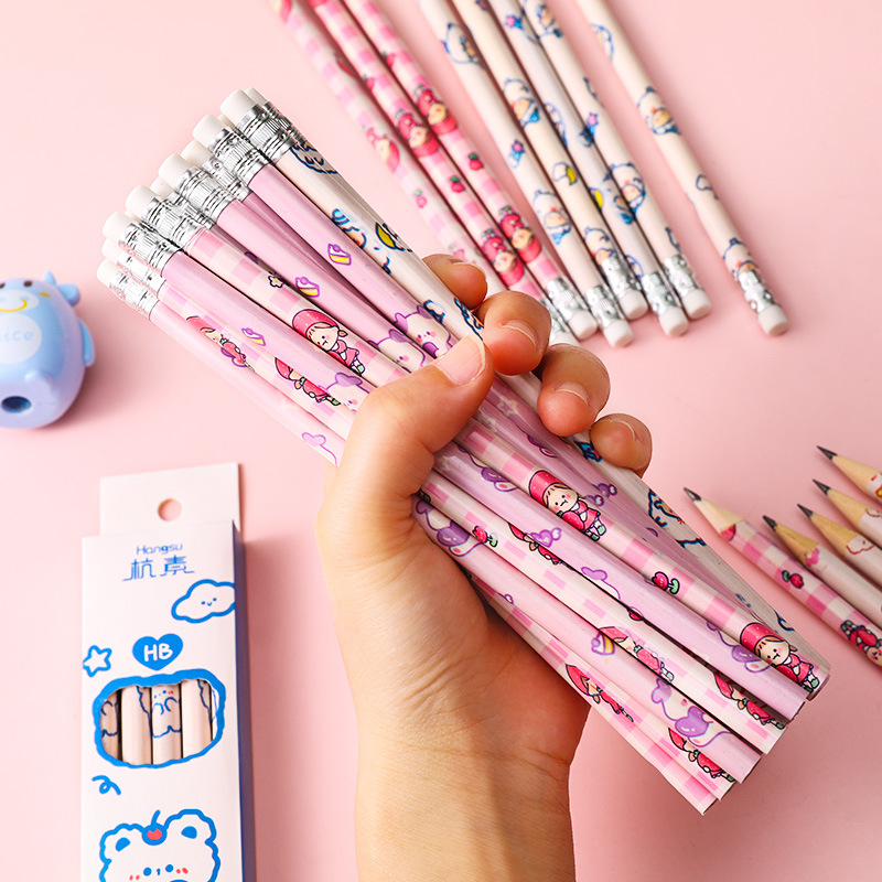 Pensil kayu lucu isi 10 pcs berbagai motif lucu dengan penghapus di ujung