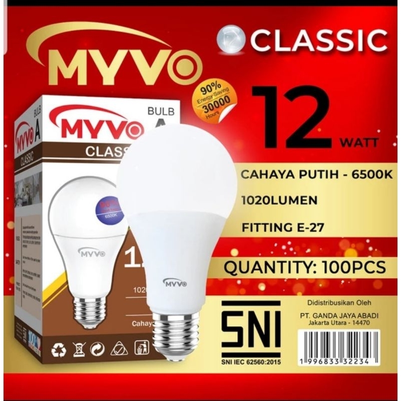 Lampu Led MYVO CLASSIC 12 Watt 12W Bergaransi 1 Tahun Cahaya Putih Dan Kuning Super Terang