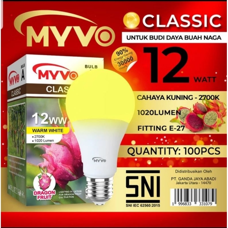 Lampu Led MYVO CLASSIC 12 Watt 12W Bergaransi 1 Tahun Cahaya Putih Dan Kuning Super Terang