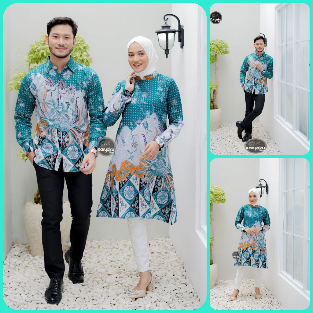 BATIK COUPLE MODERN MOTIF LAKSHA HIJAU KEMEJA &amp; TUNIK BATIK ATASAN BATIK WANITA BATIK PRIA