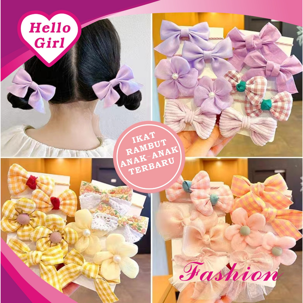 (Hello Girl)F28 Set Ikat Rambut 1Set 10pcs Ikat Rambut Dalam Kantong Motif Pita Bunga Import