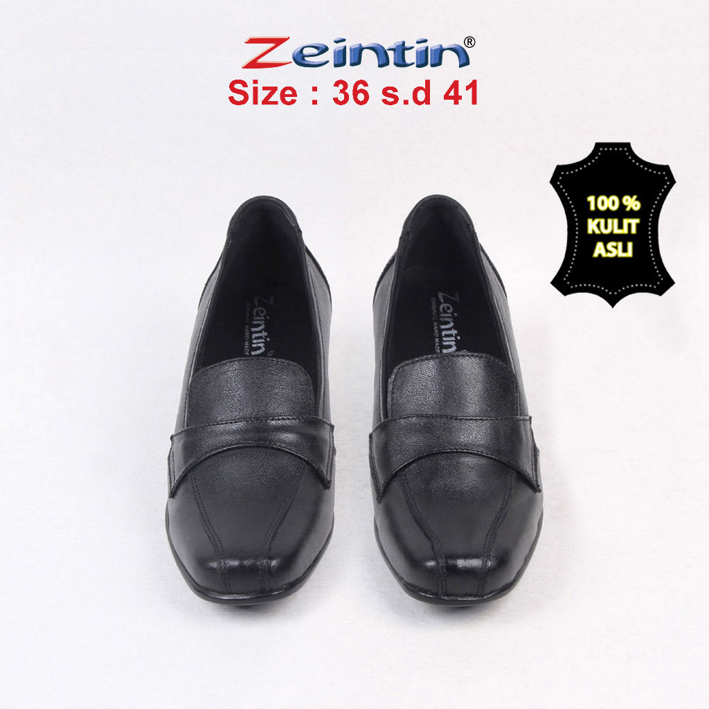 Zeintin - Sepatu Pantofel Wanita Bahan Kulit Sapi Asli Hitam Mengkilap Sepatu Kerja Kantor Wanita Brand Lokal Original Zeintin BJ