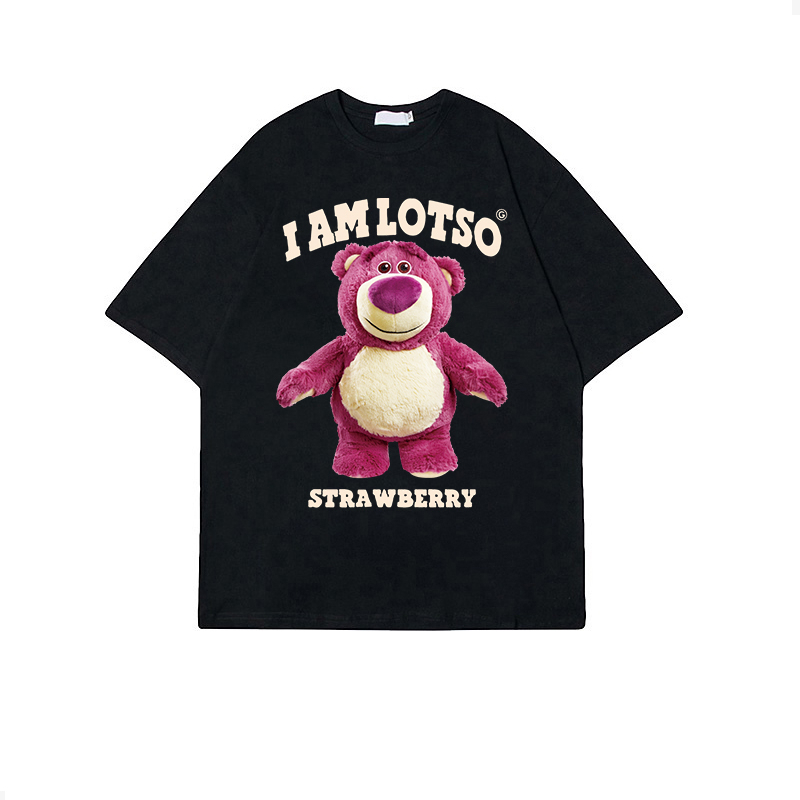 Kaos couple American Vintage Strawberry Bear Pattern printing Overszie T-shirt baju kaos wanita/Kaos Lotso Toy story Washed | Baju ToyStory Oversized