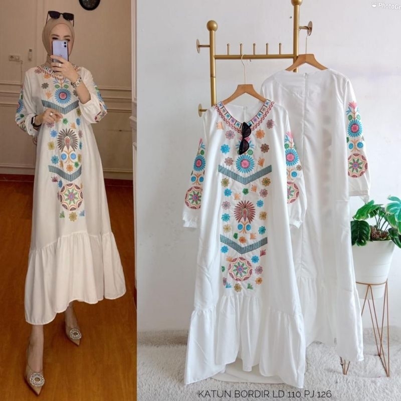 Freya Midi dress wanita warna putih bahan Katun premium mix bordir bunga cewe fashion lebaran cantik