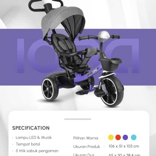 Sepeda Anak Roda Tiga Iora T-16 Sepeda Stroller Roda Tiga Iora T16