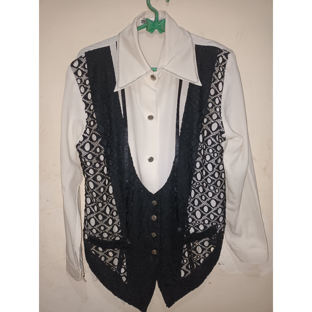 Kemeja Kerja Wanita Hitam Putih Pita | kemeja variasi burkat import