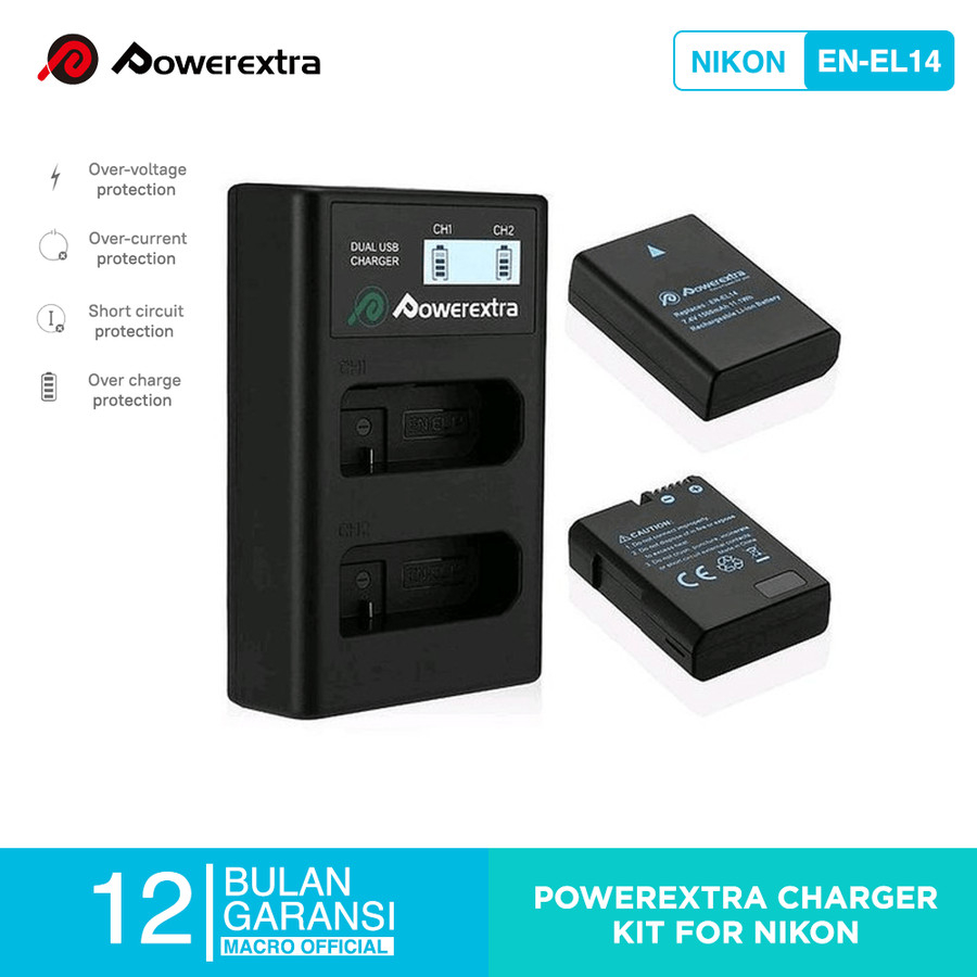 BATTERY POWEREXTRA NIKON EN-EL14 A 2 PACK WITH DUAL CHARGER FOR D3300