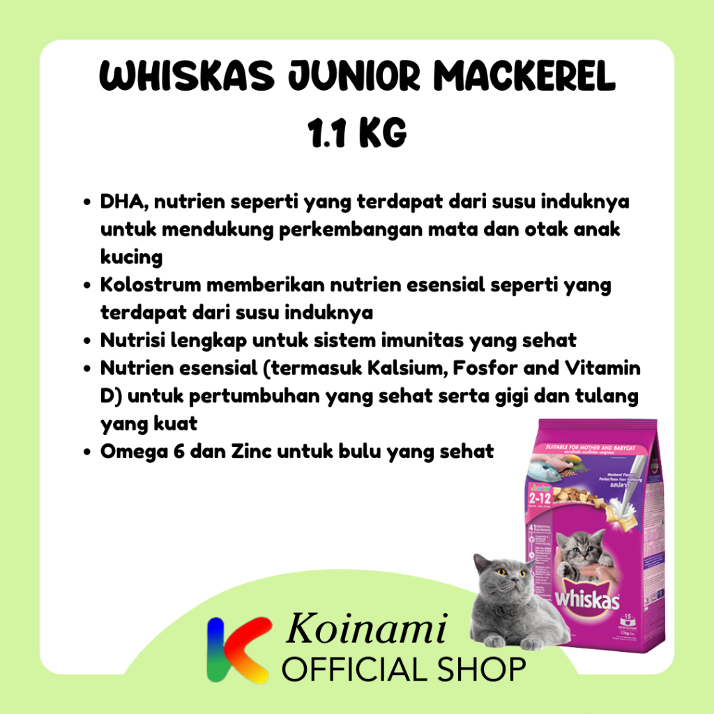 WHISKAS JUNIOR MACKEREL 1,1kg / pakan kucing / makanan kering / dray food / cat kitten