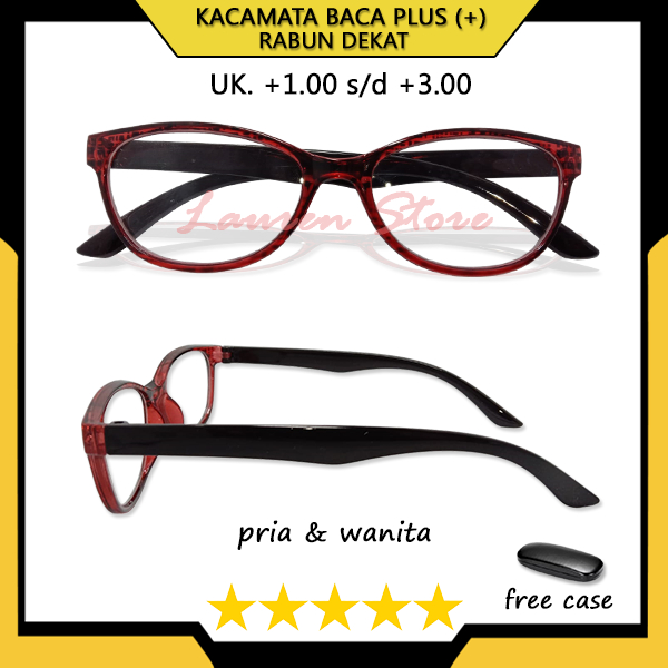 Kacamata Model Mata Kucing Oval Lensa Plus +1.00 s/d +3.00 Full Bingkai Merah Hitam Ringan Kokoh Unt