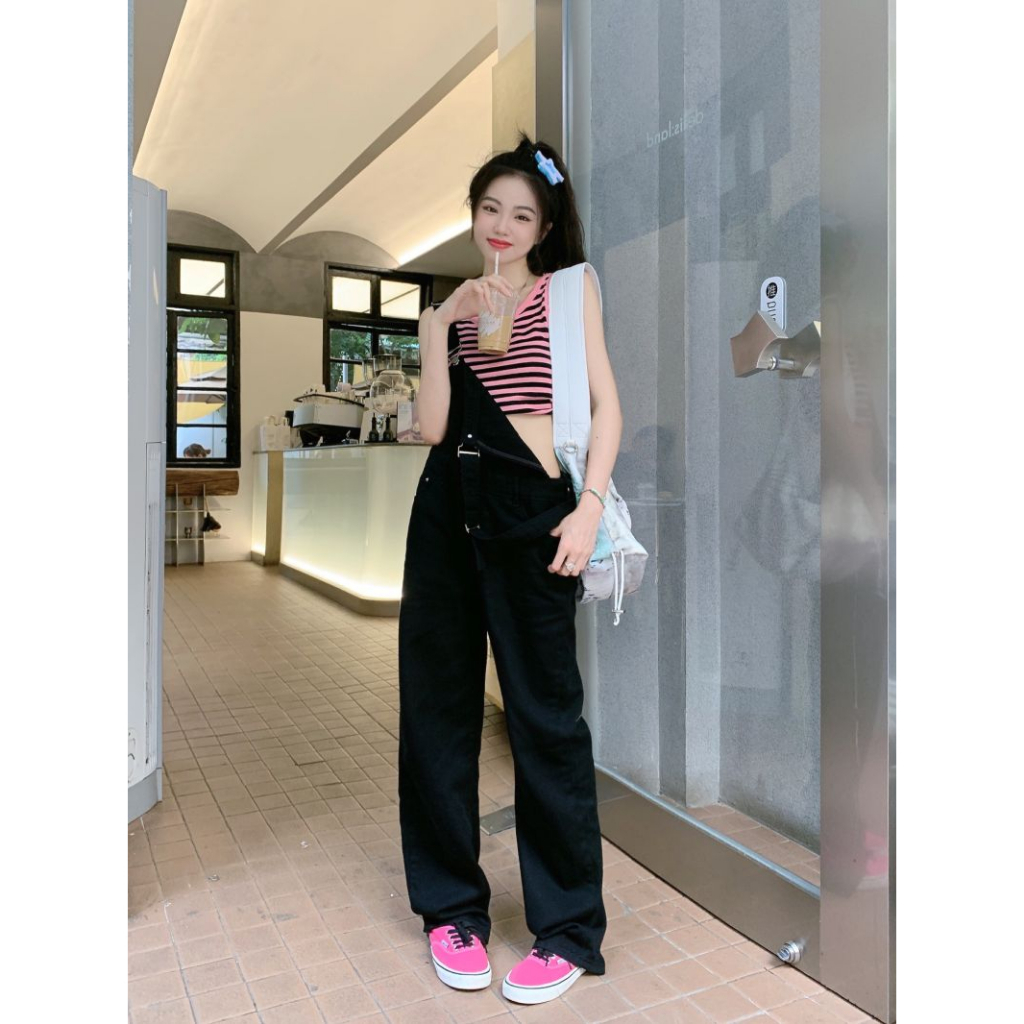 XIAOZhaiNv Overall Jeans Wanita Hitam Straight Loose Korean Style Celana Wanita