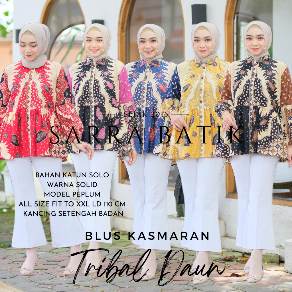 PREMIUM Blus Kasmaran Daun Batik Modern Atasan Kerja Kantoran Kekinian Baju Rempel Busui Friendly Triball Warna Klasik Lengan Lonceng