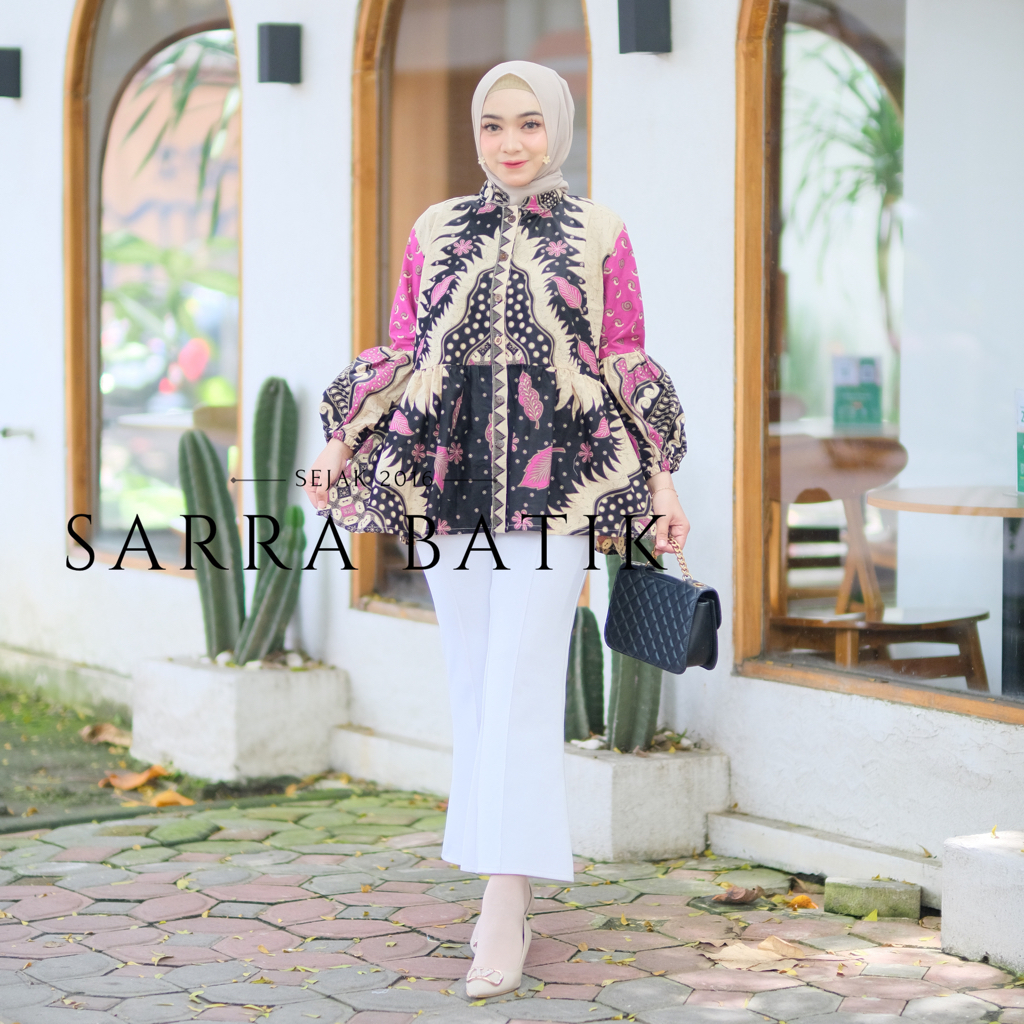 PREMIUM Blus Kasmaran Daun Batik Modern Atasan Kerja Kantoran Kekinian Baju Rempel Busui Friendly Triball Warna Klasik Lengan Lonceng