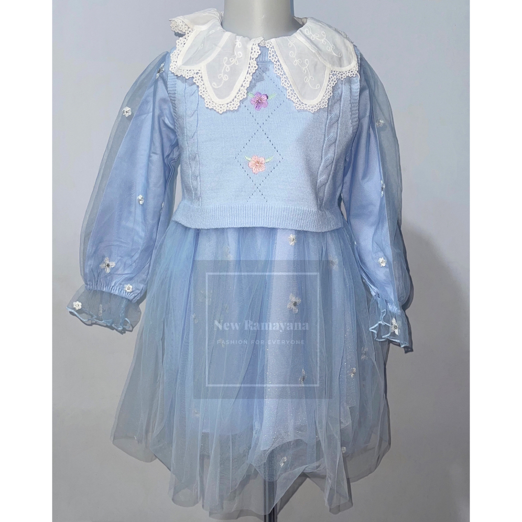 Dress Anak Set Rompi Rajut Cardigan Korea Motif Bunga Import