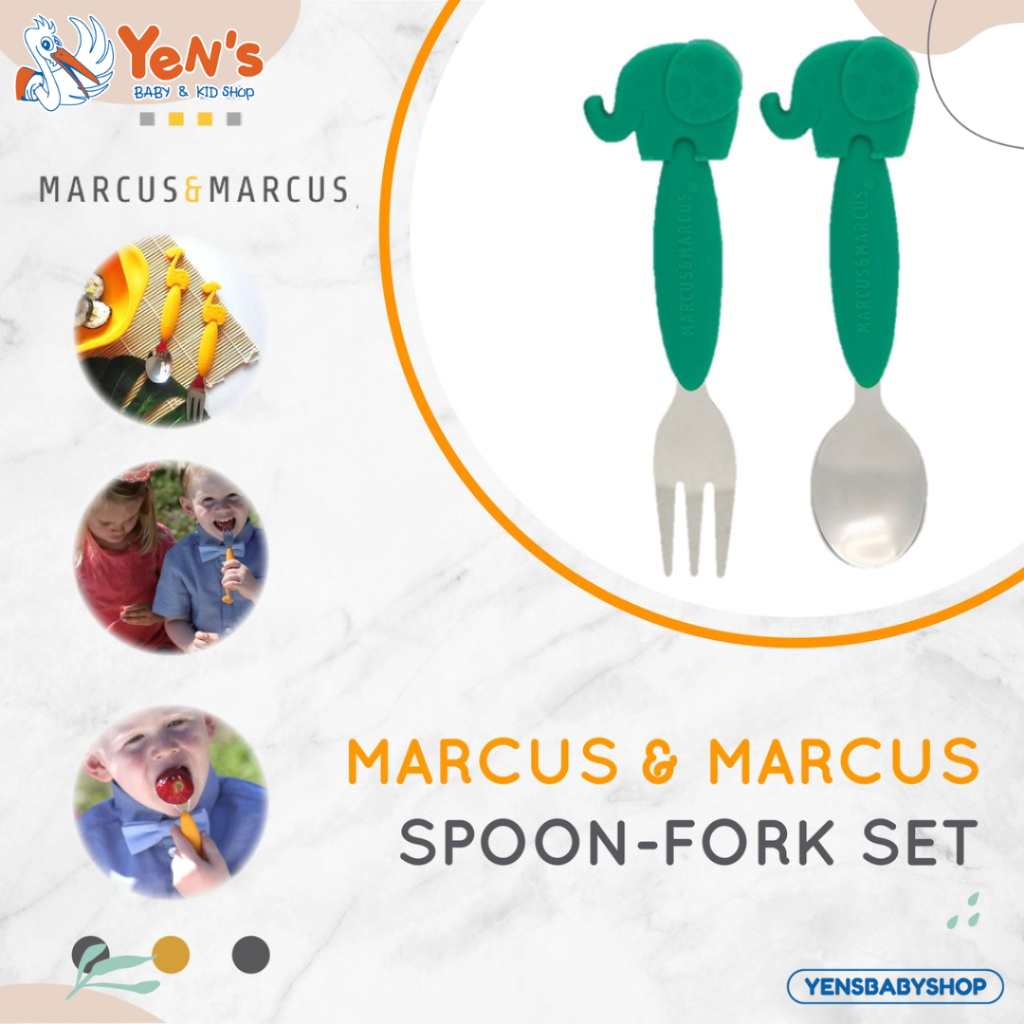 Marcus &amp; Marcus Spoon &amp; Fork Set (Green Elephant) - Sendok Garpu Set Anak Balita MPASI