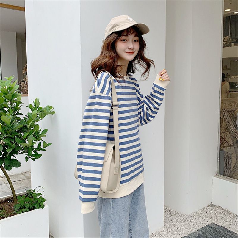 BEARYJEANS Korean Stripes Sweater Oversize Kaos Motif Garis Wanita Premium Import - BJ070
