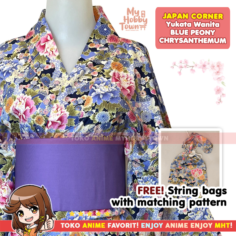 Yukata Kimono Wanita : Blue Peony Chrysanthemum