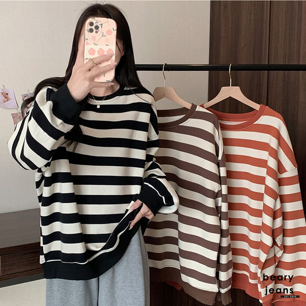 BEARYJEANS Sweater Tebal Beludru Oversize Streetwear Garis Musim Dingin Hangat Wanita Lengan Panjang Bergaris Premium Import - BJ075