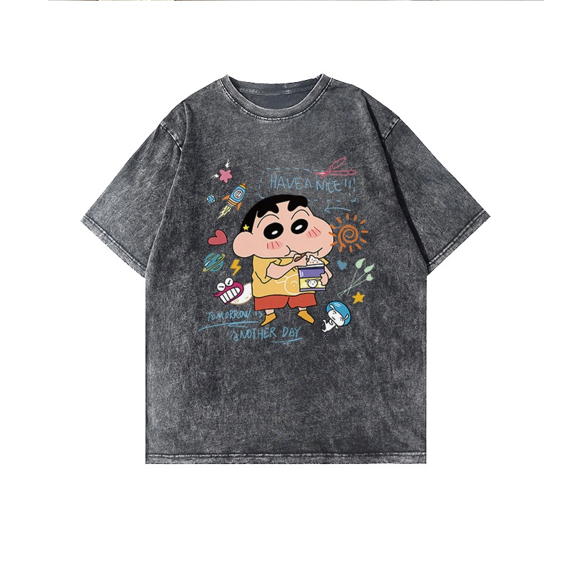 Baju Kaos Wanita Lengan Pendek Retro Oversize Crayon Shinchan Motif Printed T-shirt Import Kaos Hitam