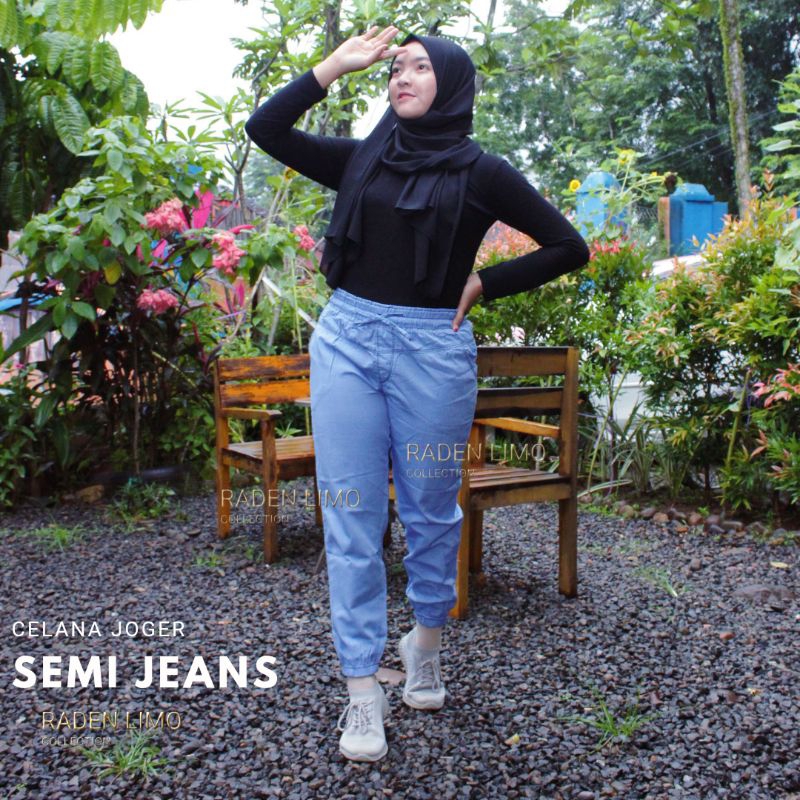 Celana Joger Dewasa Semi Jeans halus lembut all size muat sampai Bb 55kg