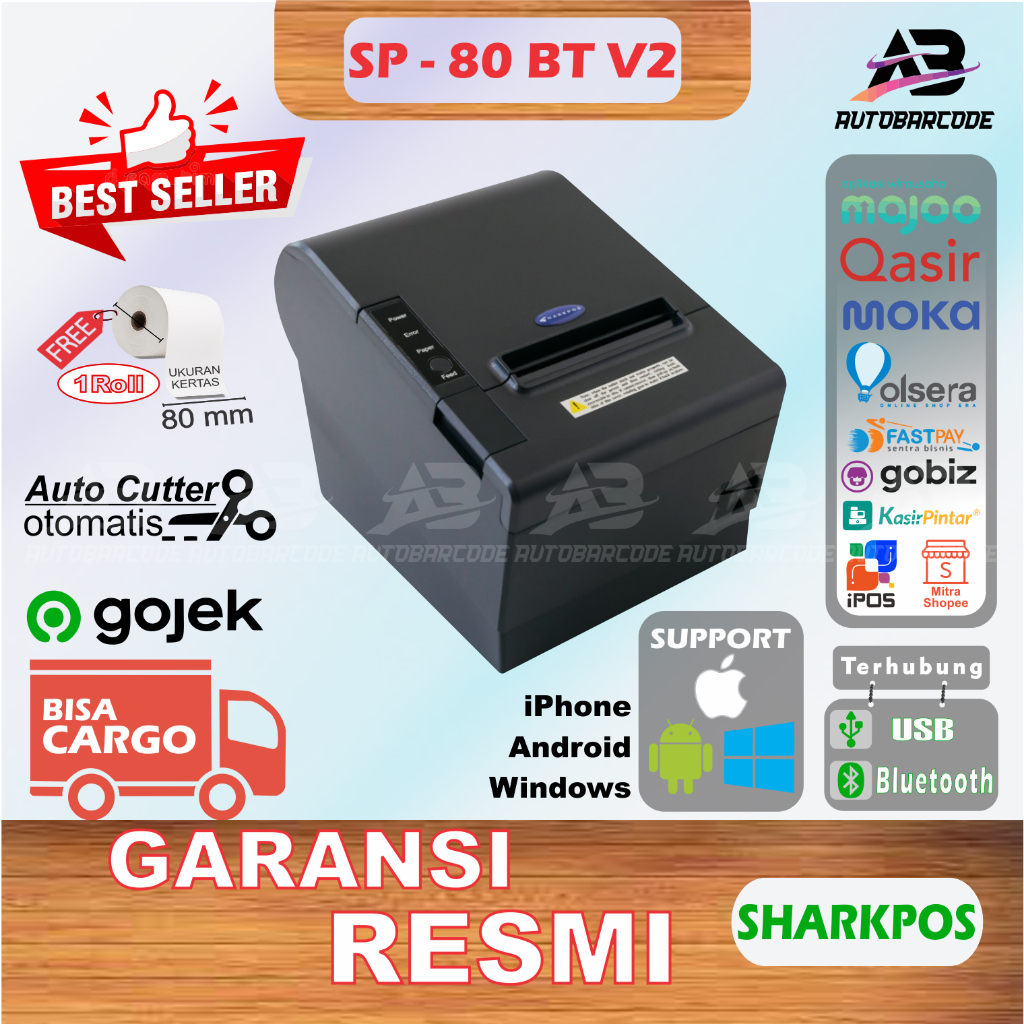 Printer Bluetooth Autocutter Sharkpos SP80 Printer Thermal Kasir 80mm Pos Struk PPOB Usb Serial Ethernet LAN Wifi - SP80 / SP-80 / SP 80