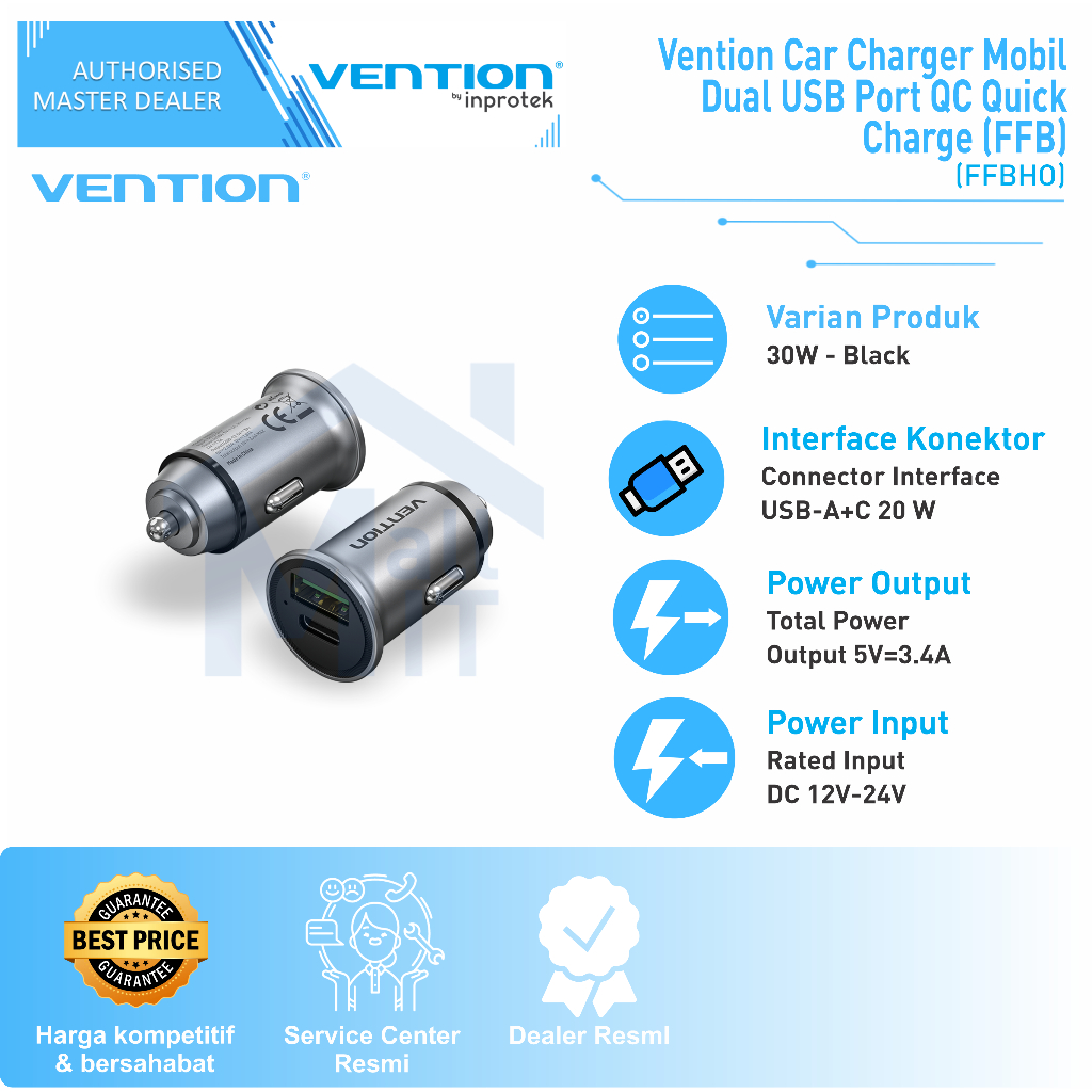 ( Bisa Cod ) Vention Car Charger Mobil Dual USB Port USB C QC Quick Charge FFA FFB