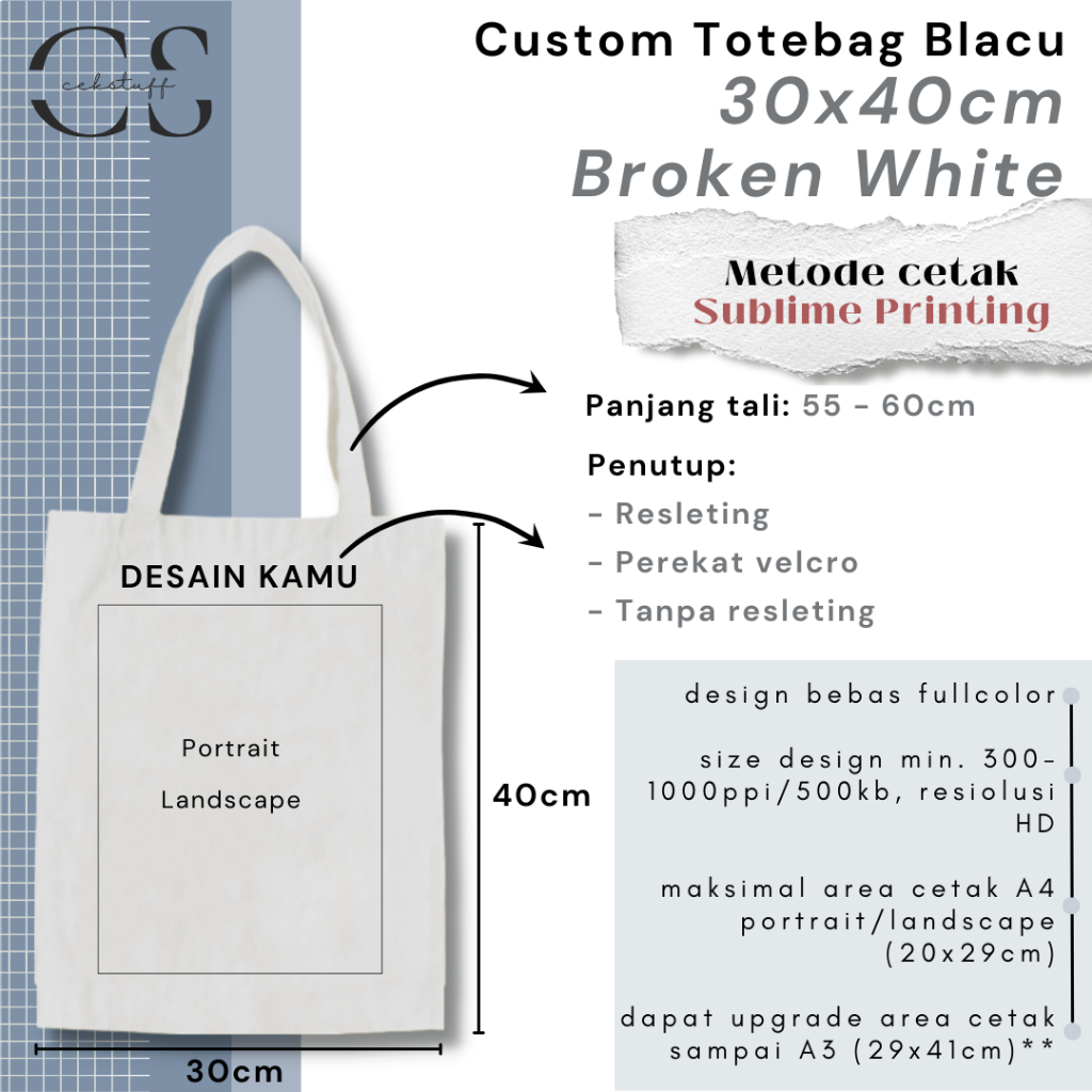 CUSTOM TOTEBAG BLACU SATUAN MURAH (30x40) CUSTOM TOTEBAG SEKOLAH / TOTEBAG KULIAH / TAS KULIAH / TAS SEKOLAH