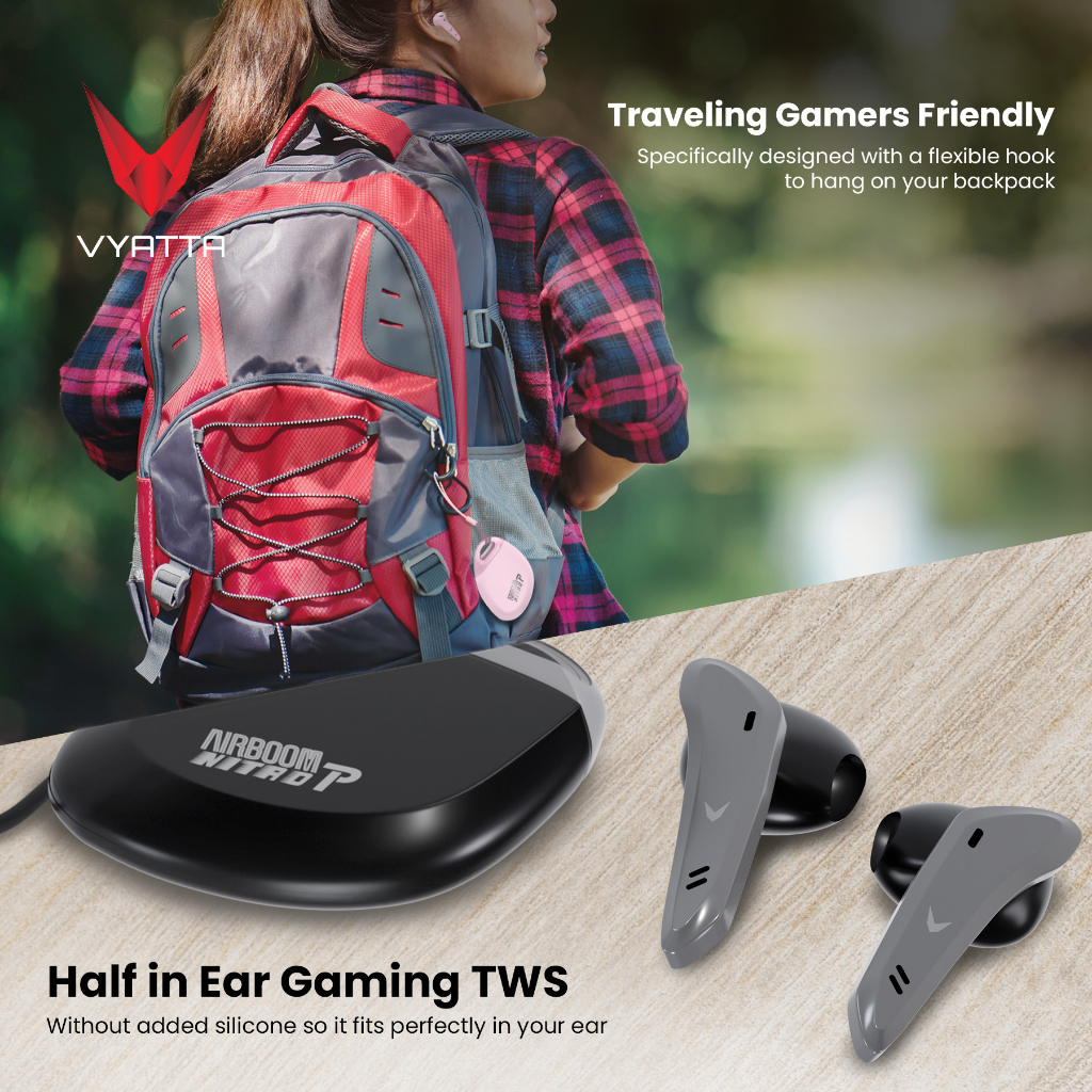 VYATTA AIRBOOM NITRO P TWS BLUETOOTH HEADSET EARPHONE GAMING MODE 40 MS SLIM 14 IN 1 TOUCH SENSOR