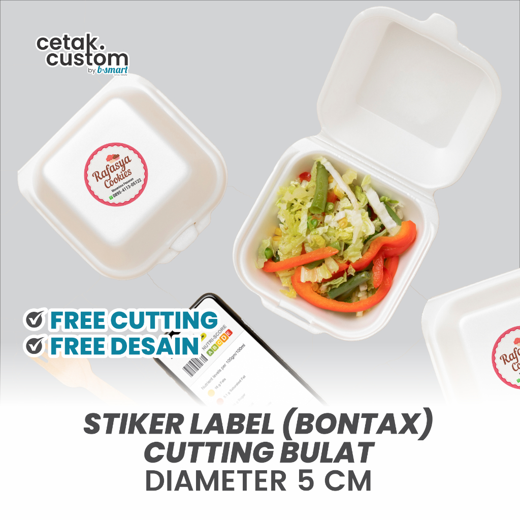 

STIKER LABEL MAKANAN (BONTAX)+CUTTING BULAT DIAMETER 5x5 CM