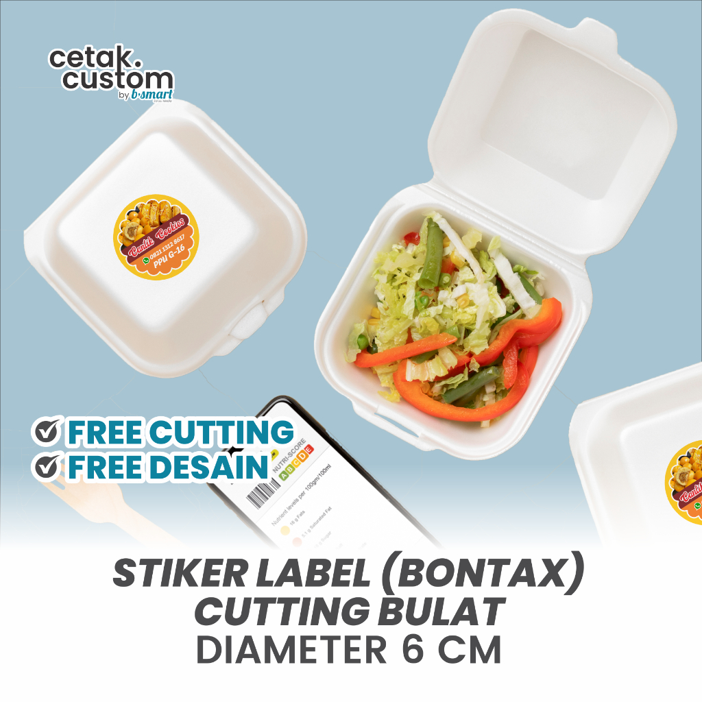 

STIKER LABEL MAKANAN (BONTAX)+CUTTING BULAT DIAMETER 6x6 CM