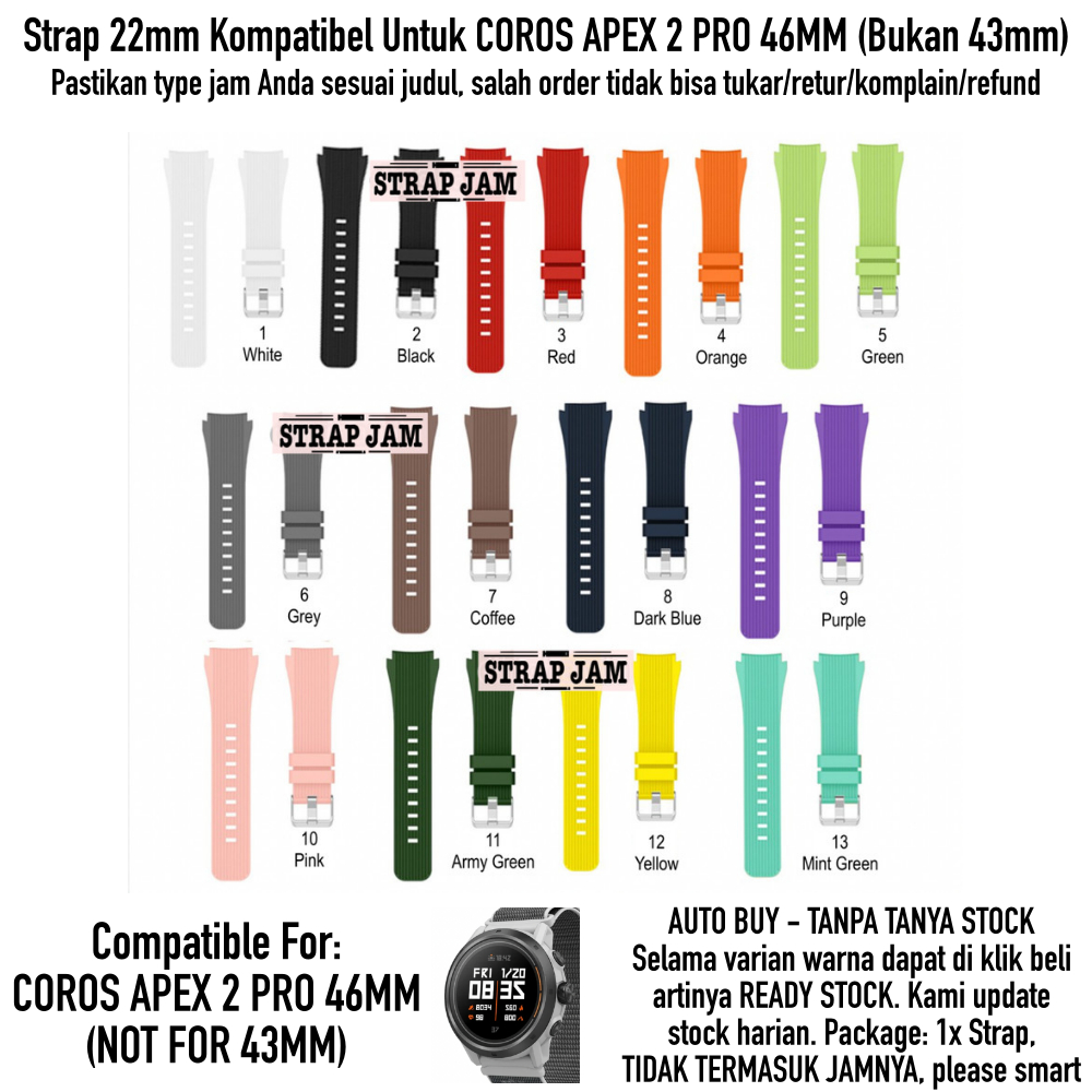 M46 Tali Jam Tangan Coros Apex 2 Pro 46mm - Strap 22mm Rubber Quick Release