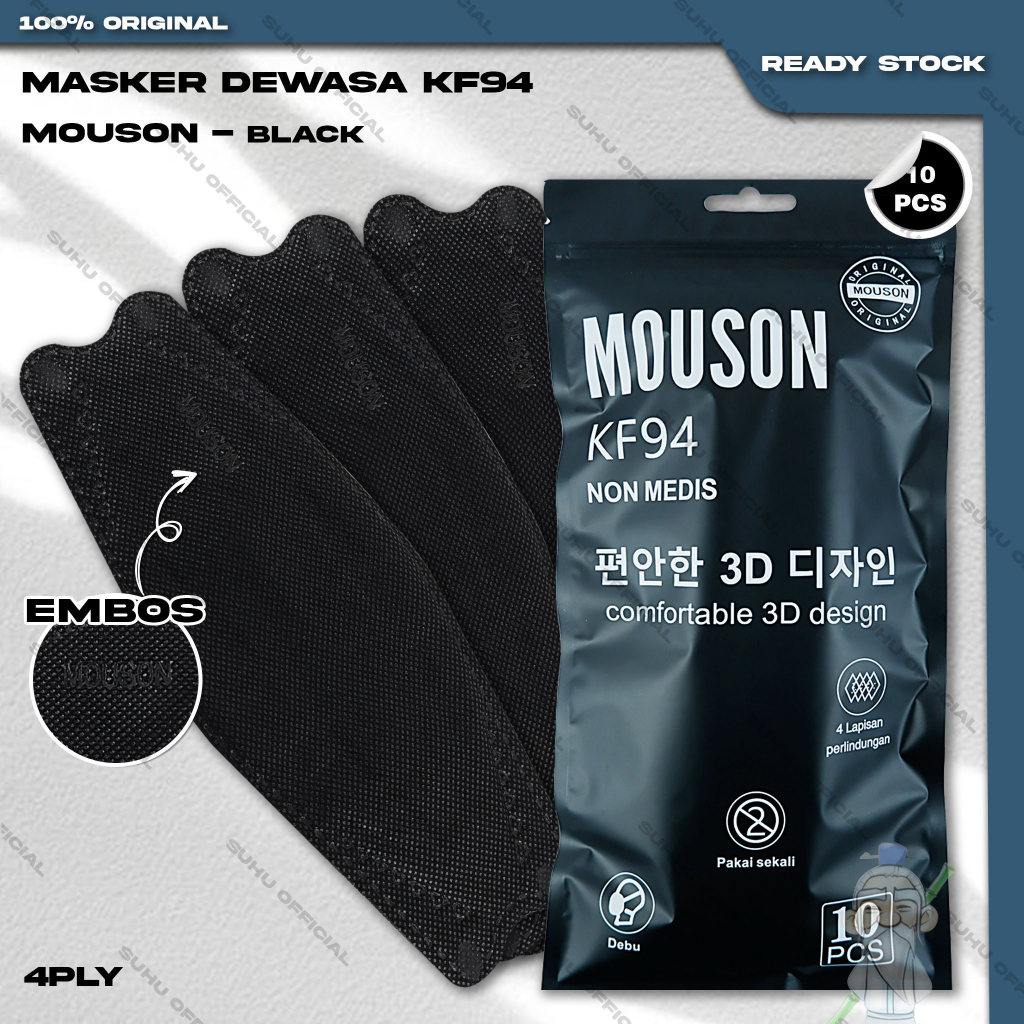 Masker KF94 MOUSON 4Ply isi 10Pcs Hitam Black Korea KF 94 4 Ply Earloop Surgical Mask