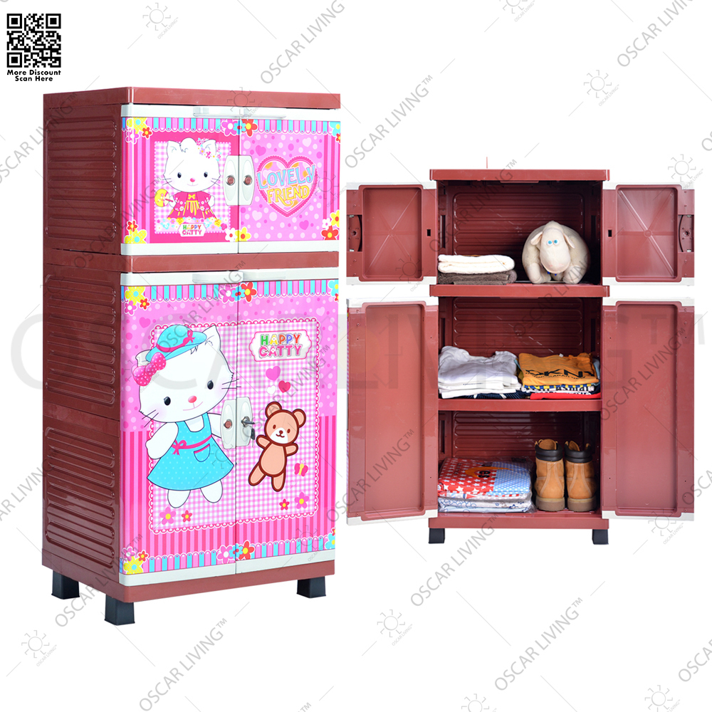 Lemari Plastik Kingstar M32 P Hello Kitty / Lemari Pakaian 3 Susun + Kunci / Rak Serbaguna